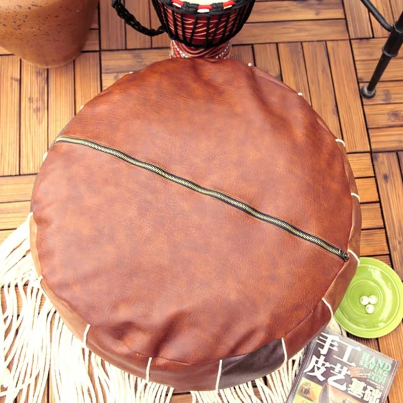 

55CM Round Moroccan Seat Cushion PU Leather Patchwork Craft Floor Seat Hassock Ottoman Footstool Sitting Large Unstuffed Pillow