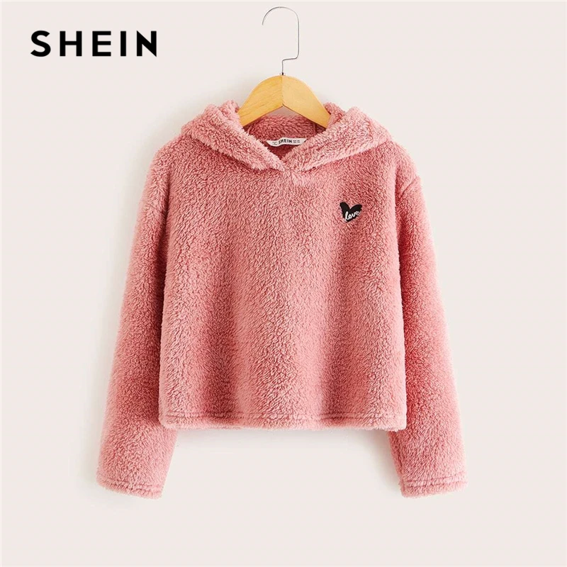 SHEIN Kiddie розовый вышитый спереди Повседневный плюшевый худи детские топы Весна длинный рукав подростковые Осенние милые свитшоты