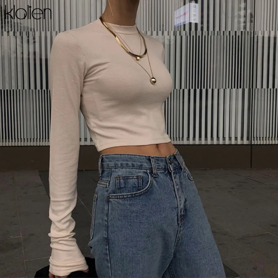 Женская Базовая футболка KLALIEN однотонная Повседневная Уличная одежда с круглым