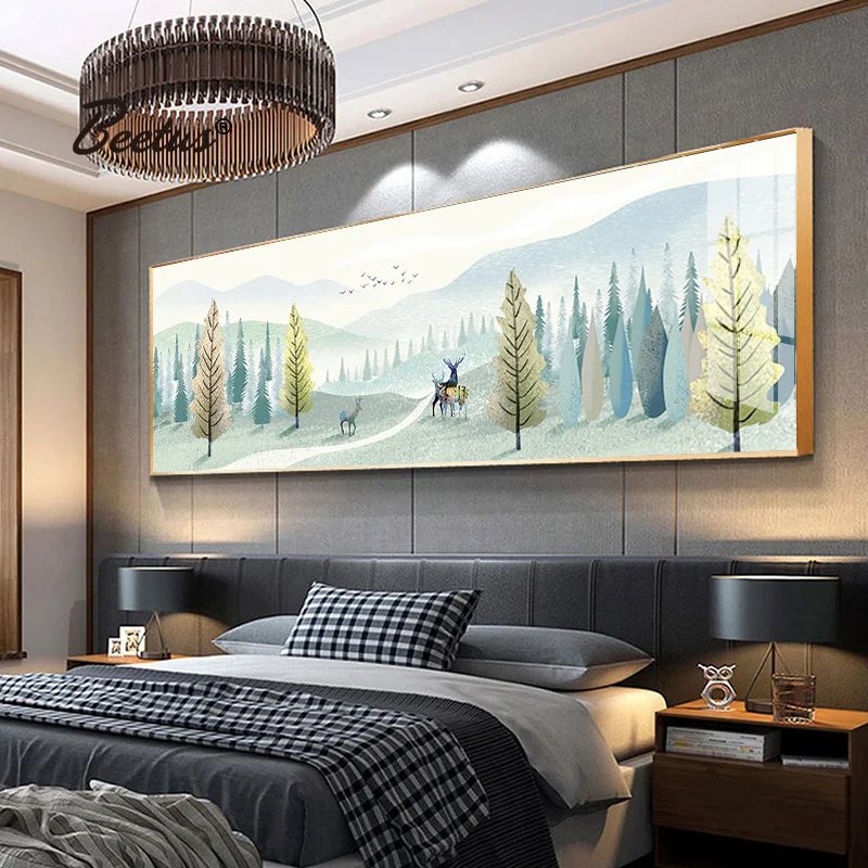 

Постеры в скандинавском стиле с абстрактными изображениями пейзажа, природных гор, леса, оленя, Современная Настенная картина для гостиной,...