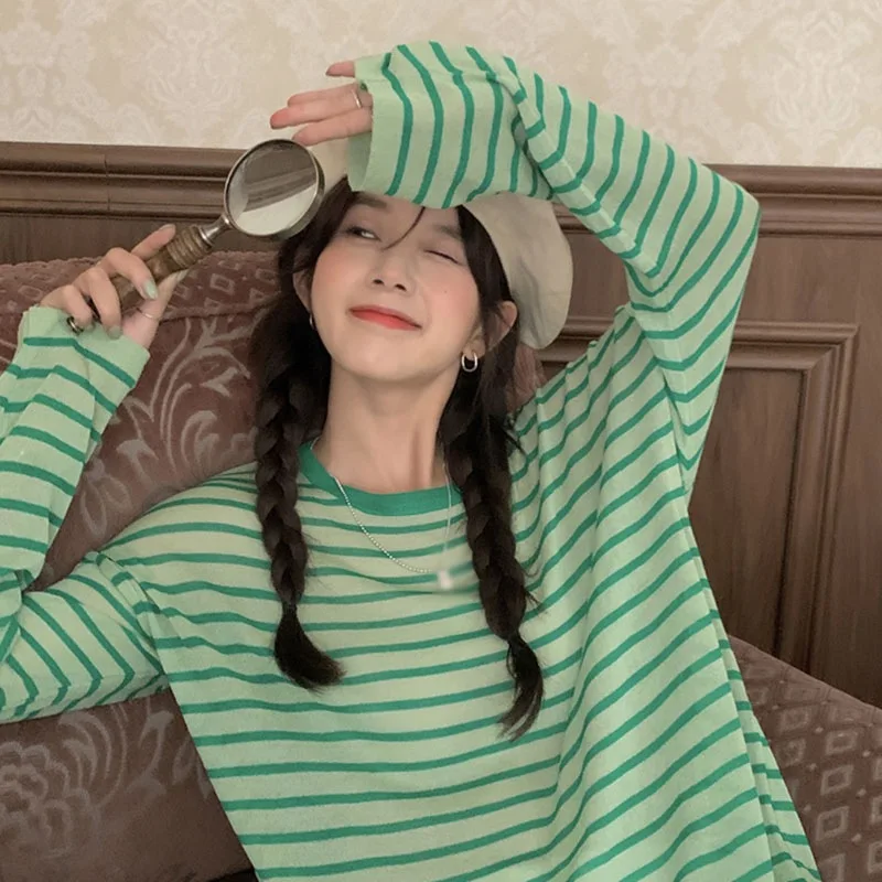 

T-shirt Women Summer Loose Striped Tee Female Sunscreen Long Sleeve Top Ladies ShConditioning Shirt