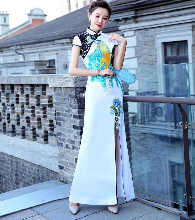 Белое модное платье для девочек длинное чонсам Восточный стиль женские