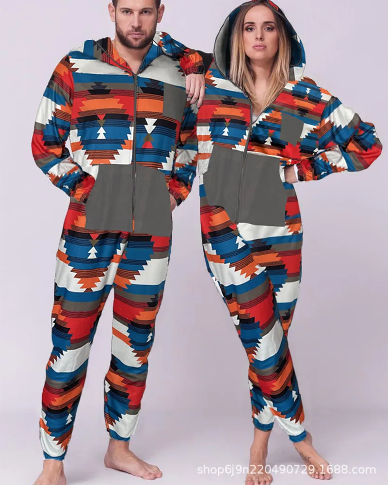 

New men's and women's one-piece suit retro Plush warm home hooded one-piece pants set