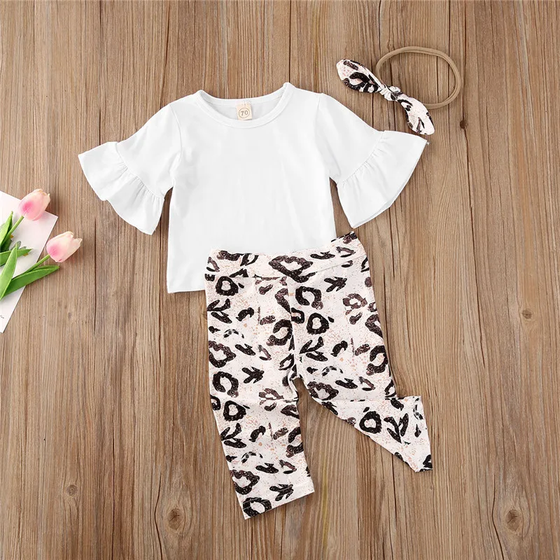 

Summer Newborn Infant Baby Girls Clothes Sets Flare Sleeves Short Sleeve T Shirts Leopard Printed Pants Elastic Headband 0-24M