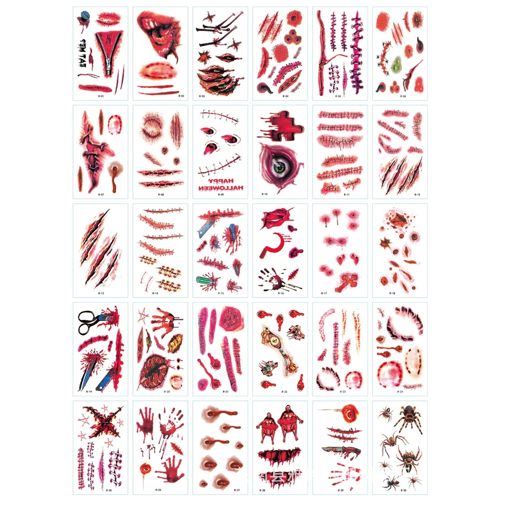 30 шт./компл. Хэллоуин татуировки реалистичные террор ран временные поддельные
