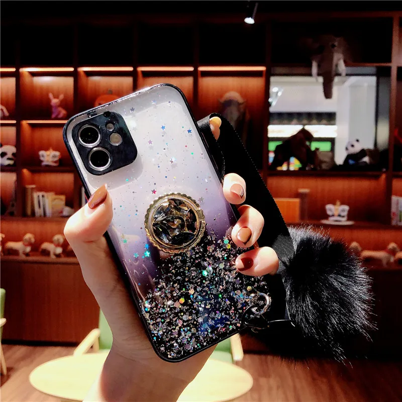 

Diamond Finger Ring Holder Case For Xiaomi Redmi Note 9S 9 8 Pro 9C 9A Mi Note10 10 Lite Plush Fur Hair Ball Soft Covers Bumper