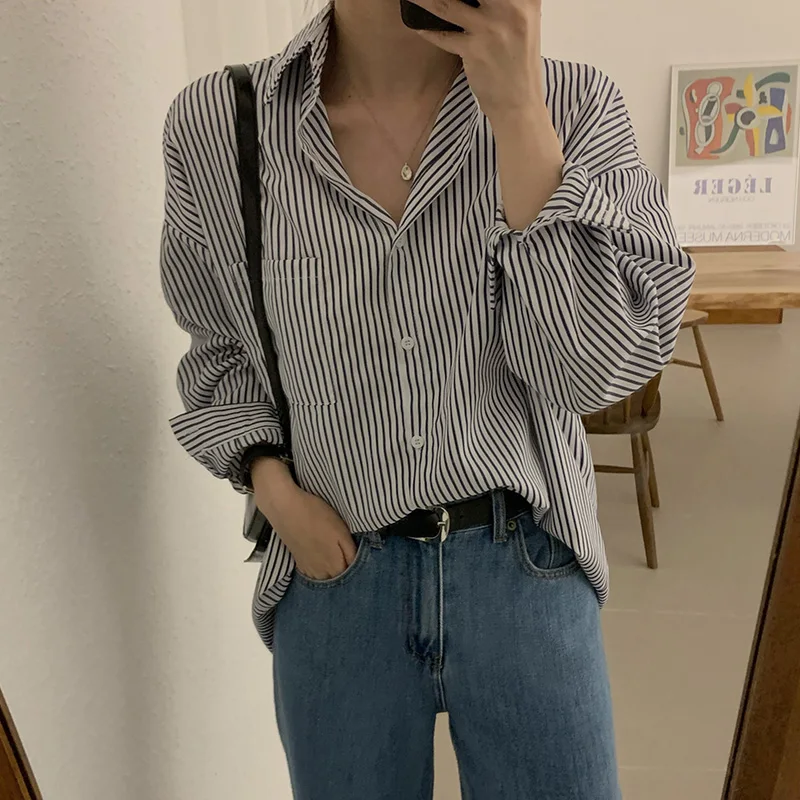 

Striped Loose Women Shirts Autumn Turn-Down Collar Long-Sleeved Casual All Match Female Outwear Coats Tops