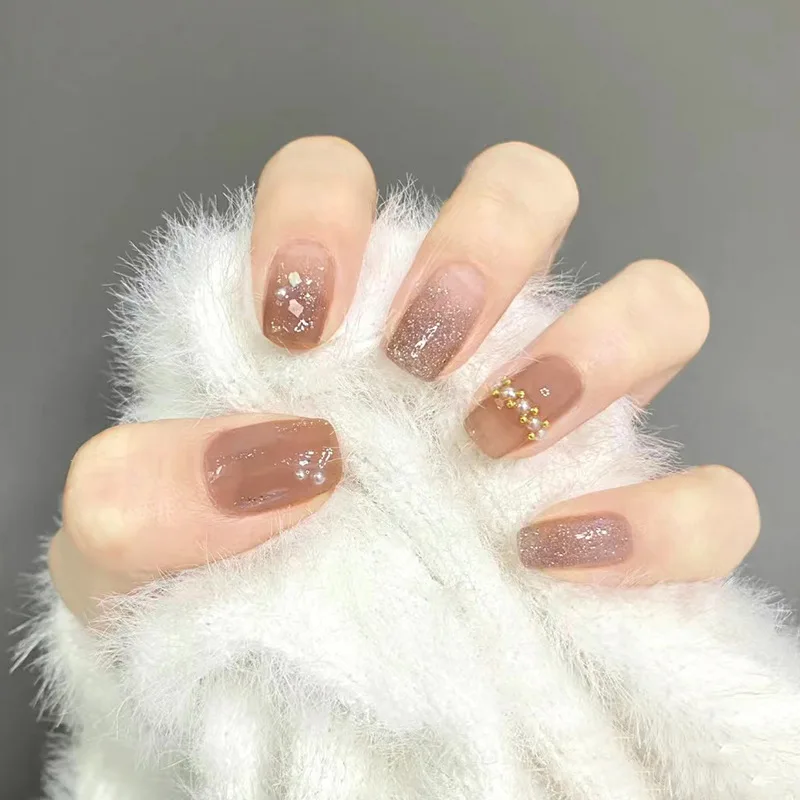 

24PCS Sweet Fake Nails Crystal Pearl Full Cover Midi Nails Suitable Fairy Girls Decor Wearable Finished Nail Piece SAL99