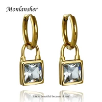 monlansher simple trendy gold color hoop earrings for women vintage chunky white square zircon huggie earring party jewelry gift