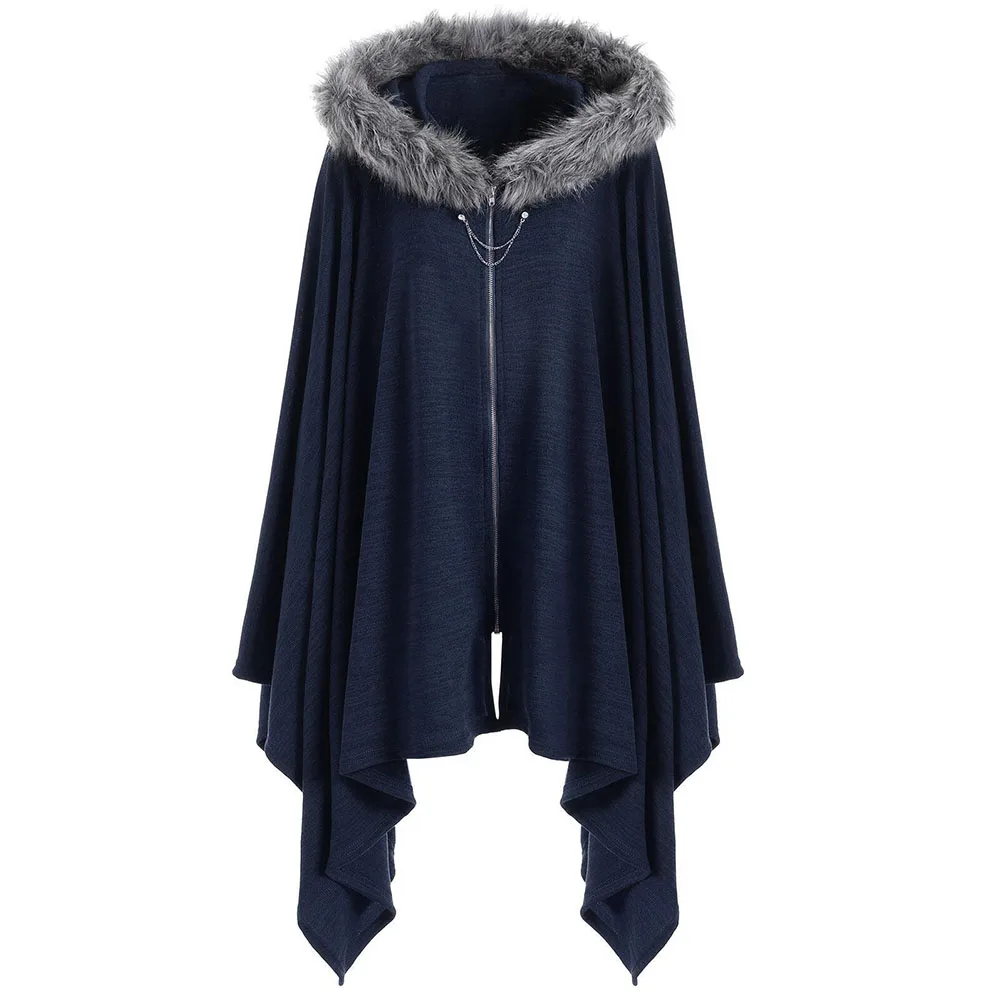 Готическая женская зимняя теплая черная накидка на молнии с неровным пухом