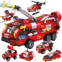 huiqibao 387pcs 6in1 fire fighting trucks car helicopter boat building blocks city firefighter firemen figures bricks toys child