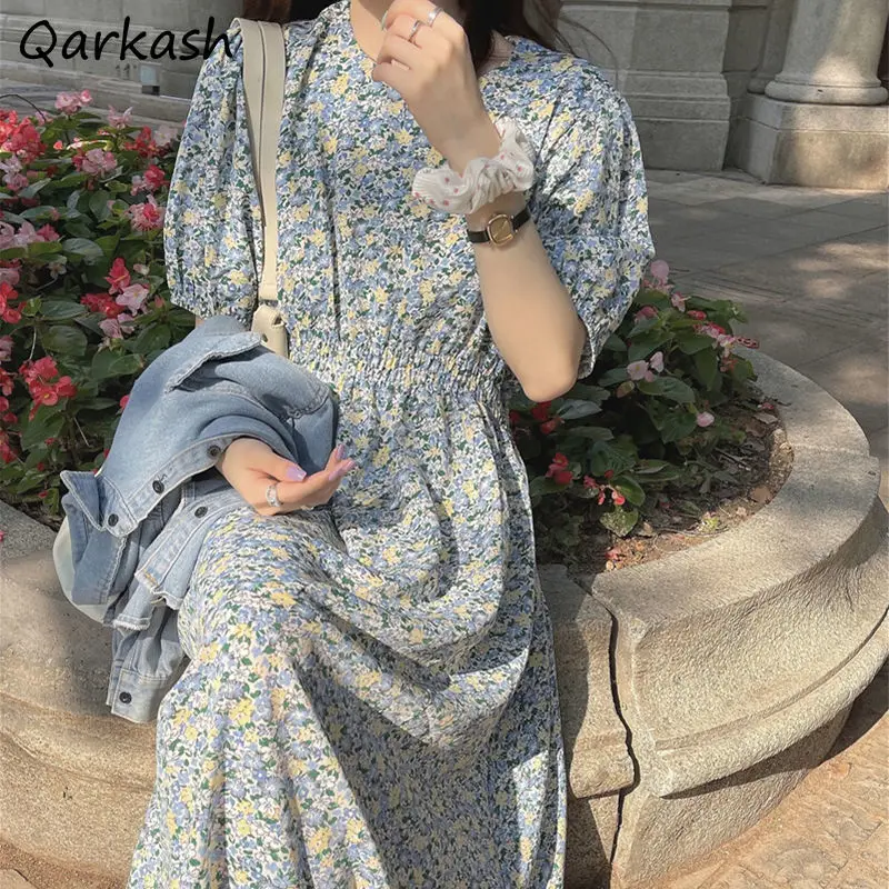 

Puff Sleeve Dress Women A-line Female Summer Elastic Waist O-Neck All-match Oversize Preppy Casual Simple Print Tender Vestidos