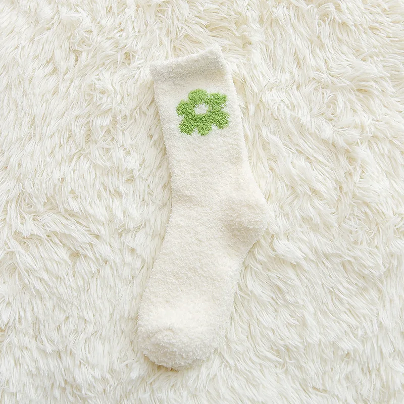 white and green Jeseca/ г. Популярные зимние толстые теплые носки с цветочным принтом для женщин и девочек; рождественские носки-тапочки; подарок; женские теплые мягкие носки для сна - Цвет: white and green