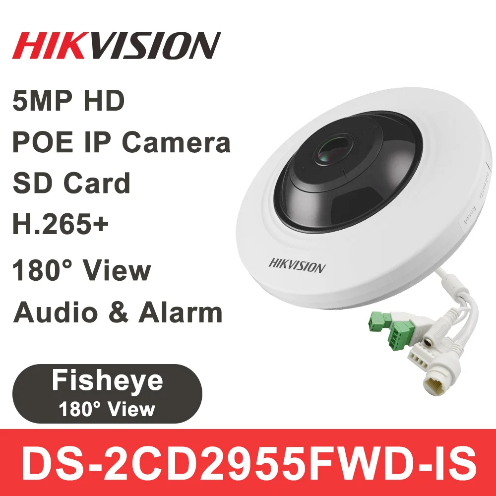 

Hikvision IP Camera Panoramic DS-2CD2955FWD-IS 5MP H.265+ Fisheye lens Network Camera POE SD Card Slot 8m IR IVS ROI IPC