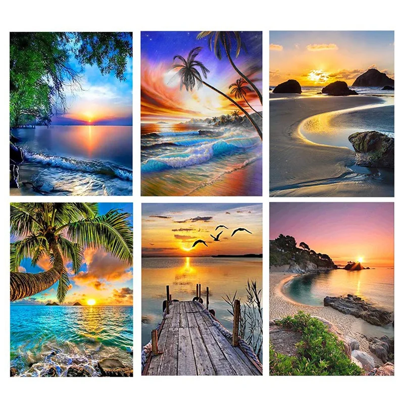 

HOT 6 PCS Seaside Sunset Scenery DIY Diamond Painting Beach Decor Cross Stitch Full Round Drill Resin Art Gift Home Decor