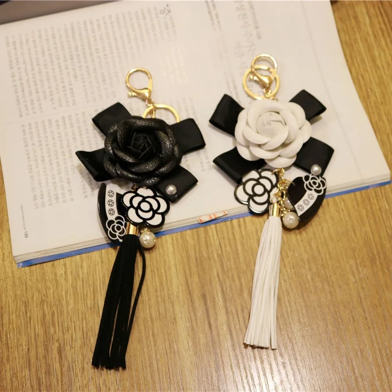 

Leather Tassel Keychain Camellia Bag Keychain Pendant Car Keyring Mobile Phone Case Decoration Fashion Exquisite Jewelry