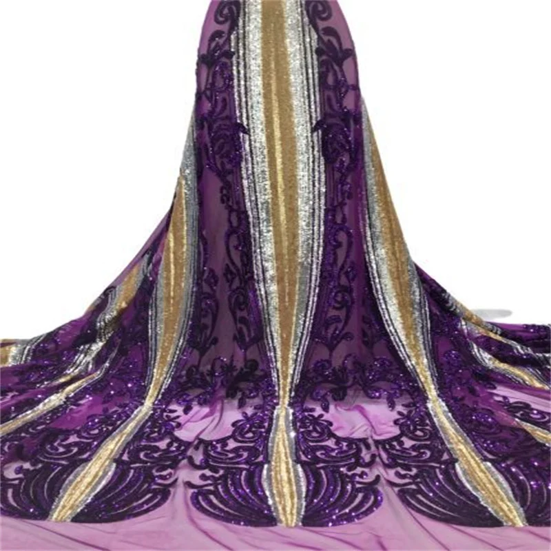 

2021 purple Latest African Lace High Quality African French net Tulle Lace Fabric with Sequins embroidery For African Wedding