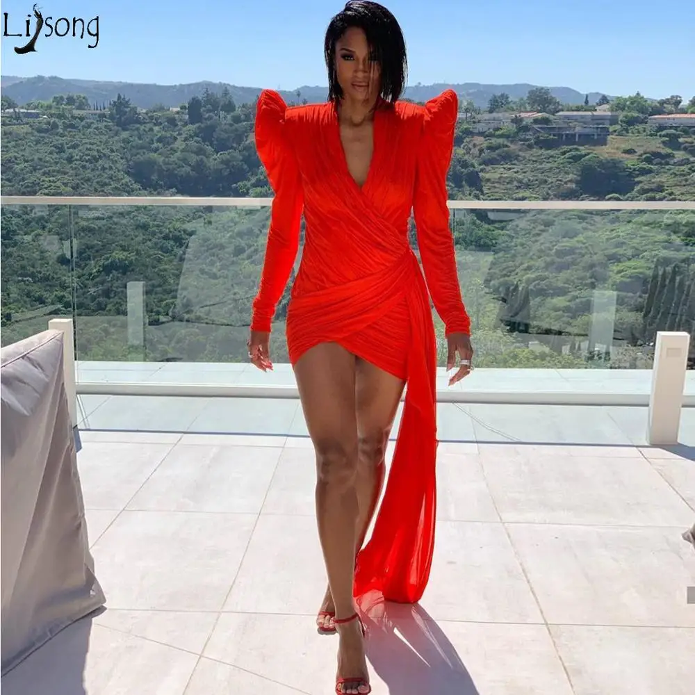 Сексуальные мини Выпускные платья с длинным рукавом v образным вырезом