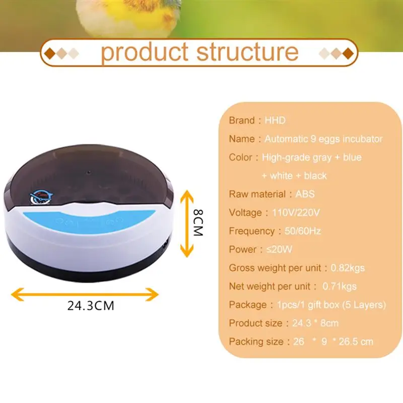 

Mini 9 Egg Incubator Farm Hatching Digital Temperature Humidity Automatic Control Brooder Poultry Quail Chicken Duck Bird LED