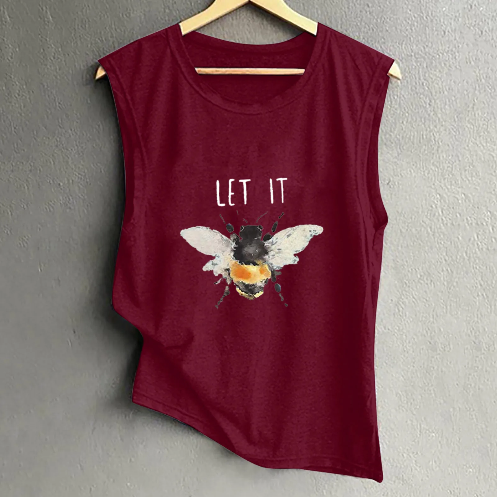 

Sleeveless bee print o-neck vest women's top, 2021 summer new loose short sleeve casual women's clothing