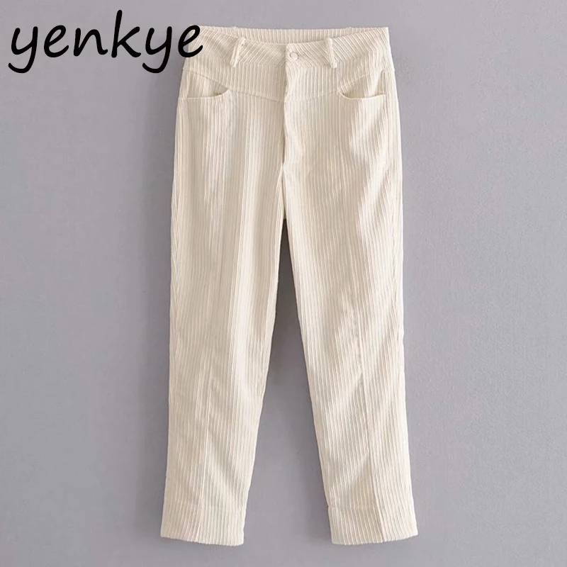 

Vintage Solid Color Corduroy Pants Women Button High Waist Elegant Lady Casual Office Pants Autumn Pencil Long Pants LDZZ6329