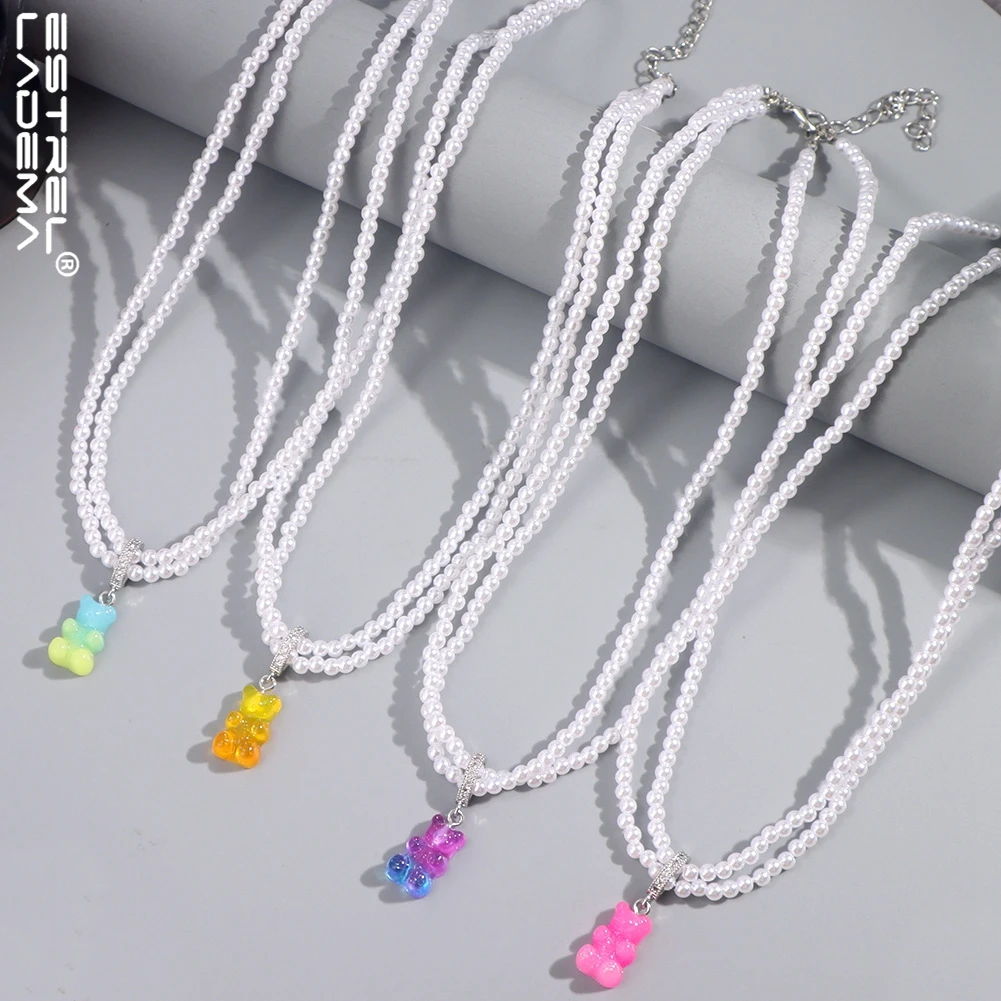 

Double Layer Pearl Beaded Colorful Zircon Gummy Bear Necklace For Women Cartoon Resin Jelly Bears Choker Necklaces Y2k Jewelry