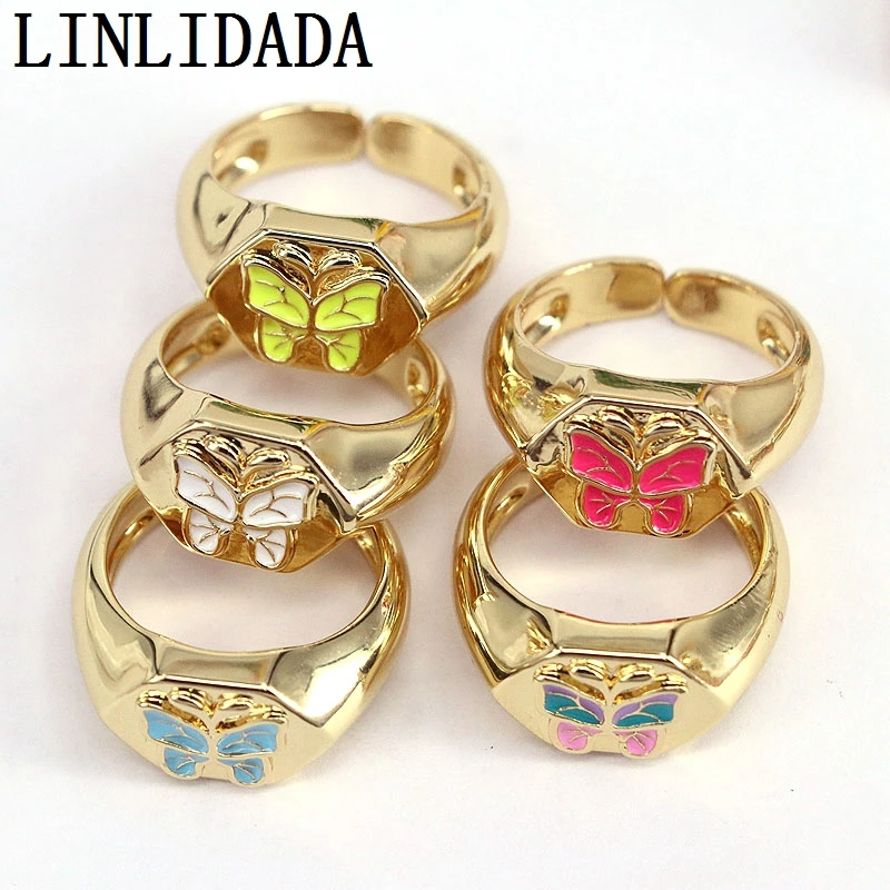 

8 шт. индивидуальное шестигранное широкое красочное эмалированное кольцо с бабочкой позолоченное кольцо ювелирные изделия
