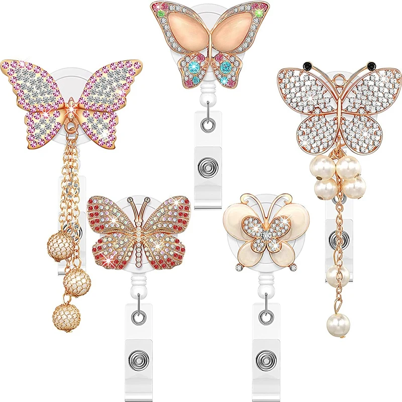 

5Pcs Retractable Badge Holder Reel, Butterfly Handmade Bling Rhinestone ID Badge Holders with Clip, for Volunteer Nurses
