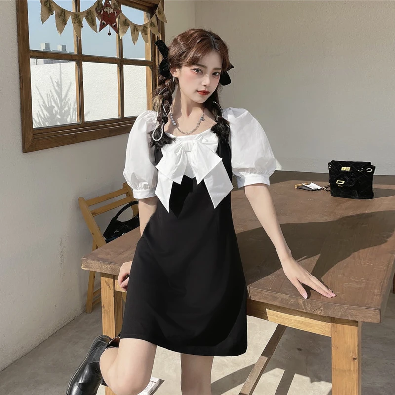 Женское платье с бантом на талии модное во французском стиле короткими рукавами