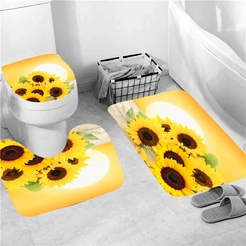 

4PCS Sunflower Pattern Toilet Cover Shower Curtains Set Polyester Non Slip Mat Set Waterproof Bathroom Shower Curtains