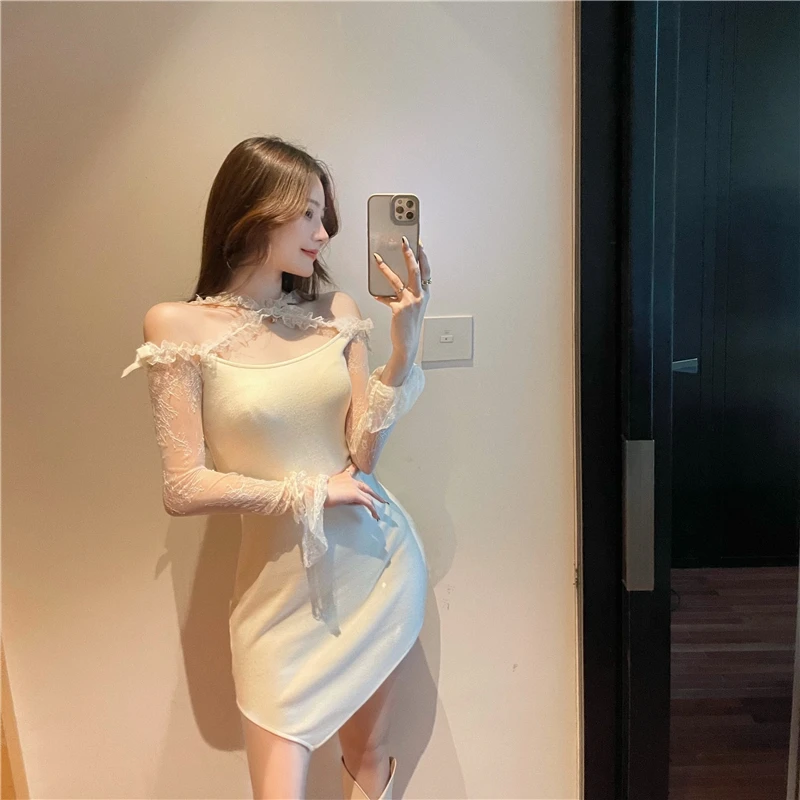 

Firm offers to film the human da ji new winter sexy lace stitching dress design feeling small with shoulder-straps