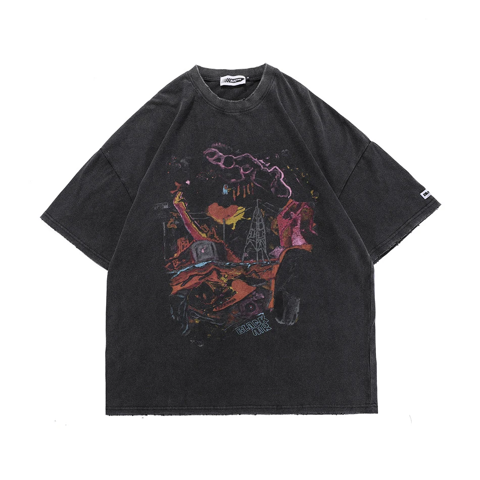 

2021 Men Summer Short Tshirt Hip Hop Oversize Washed T-Shirt Streetwear Harajuku Ripped Graphic Printed Loose Short Sleeve