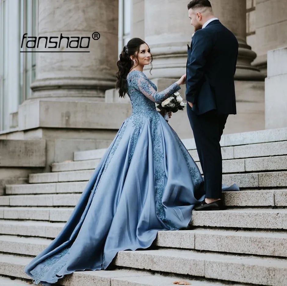 

Blue Muslim Evening Dress Satin Scoop Full Sleeve Applique Floor Length Dubai Saudi Arabic Evening Gown Prom Dress