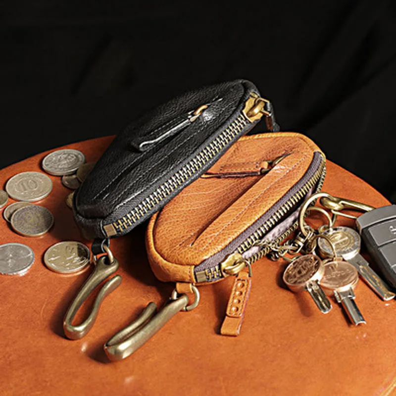 

Handmade copper hook leather retro men and women couple black zipper key case leather large-capacity coin purse