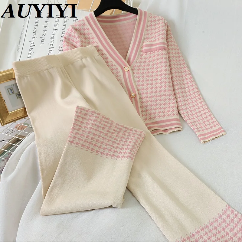 

Women Knit Houndstooth Cardigan Long Sleeve Sweater Coat + Wide Leg Pants Sets Elegant V-neck Jacket Trousers 2PCS Plaid Outfits