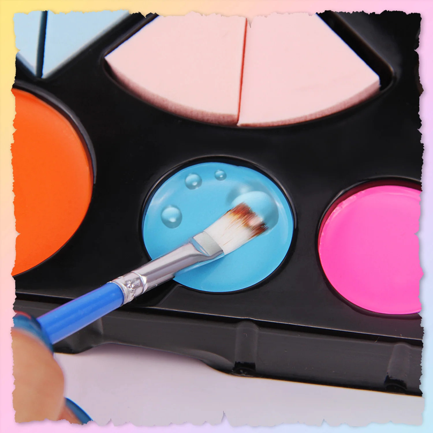 Набор для нанесения краски лица 14 цветов 2 блеска кисти 4 губки 9 трафаретов