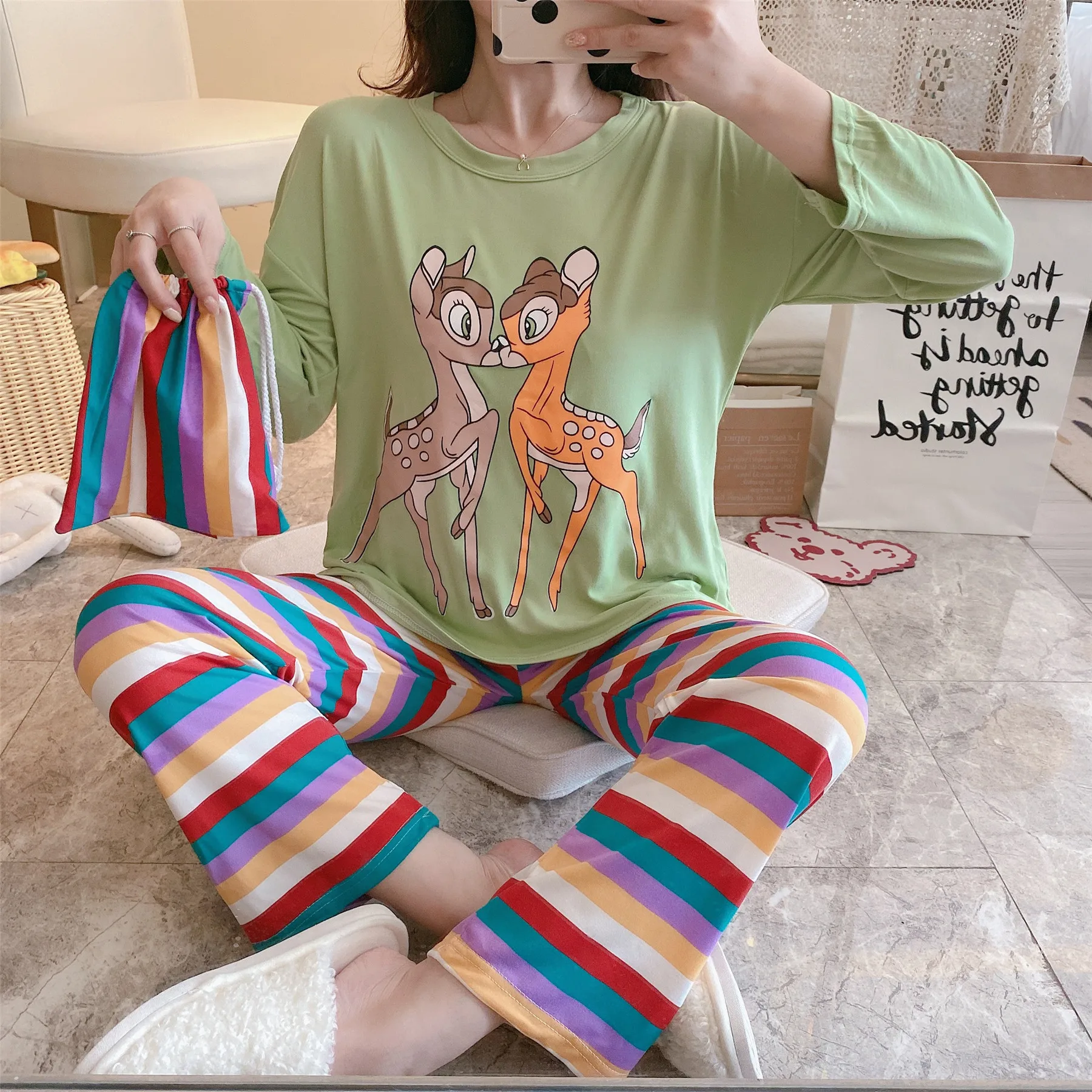 Повседневная Домашняя одежда футболка с длинными брюками Женская для сна пижама