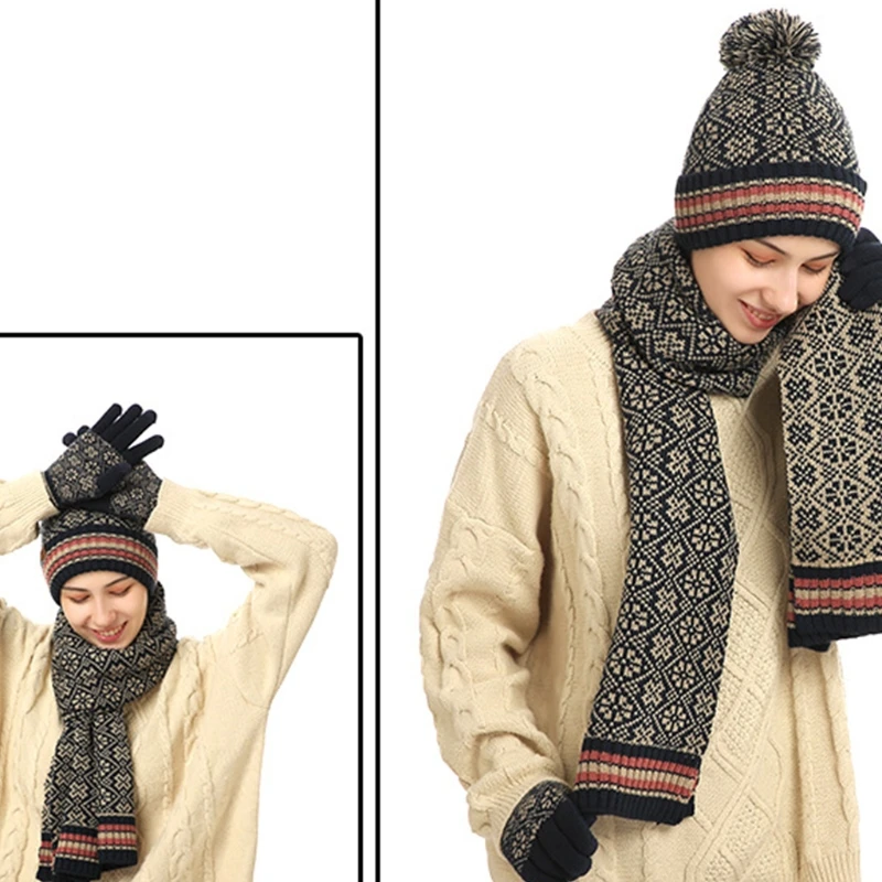 

Unisex Winter 3Pcs Pompom Beanie Hat Long Scarf Touch Screen Gloves Set Geometric Floral Jacquard Plush Lined Skull Cap
