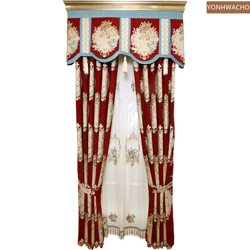 

Custom curtain red chenille European high-quality living room relief jacquard cloth blackout curtain valance tulle panel C271