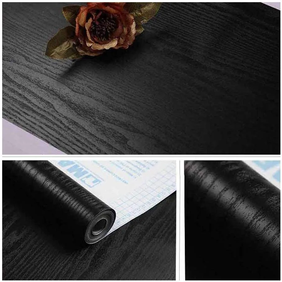 black wood grain thickening wallpaper boeing film furniture kitchen cabinet pvc self adhesive stickers kitchen vinyl wallpaper free global shipping