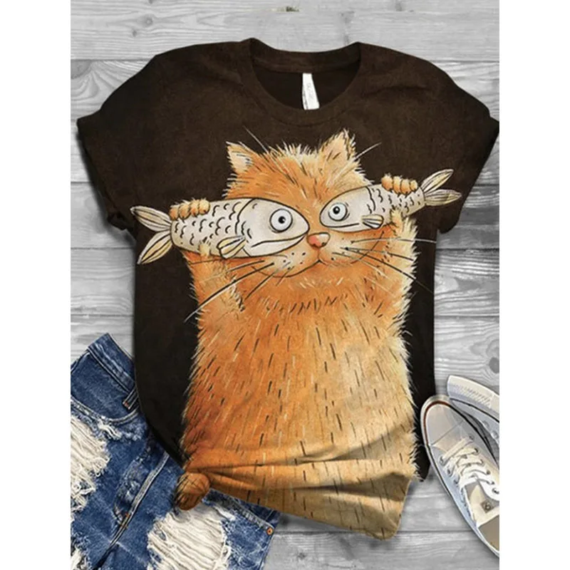 Футболка женская повседневная с коротким рукавом круглым вырезом и мультяшным