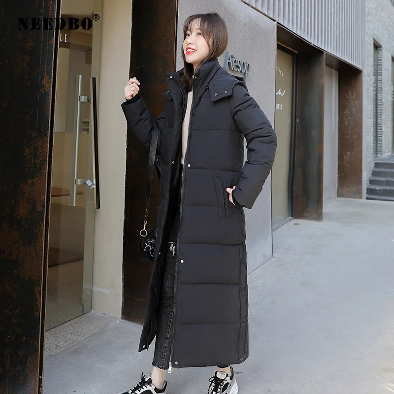 NEEDBO Ladies Long Warm Down Coat With Hoodie Down Jacket Winterr Coat Cultivate Morality Fashion Women's Overcoats 2021