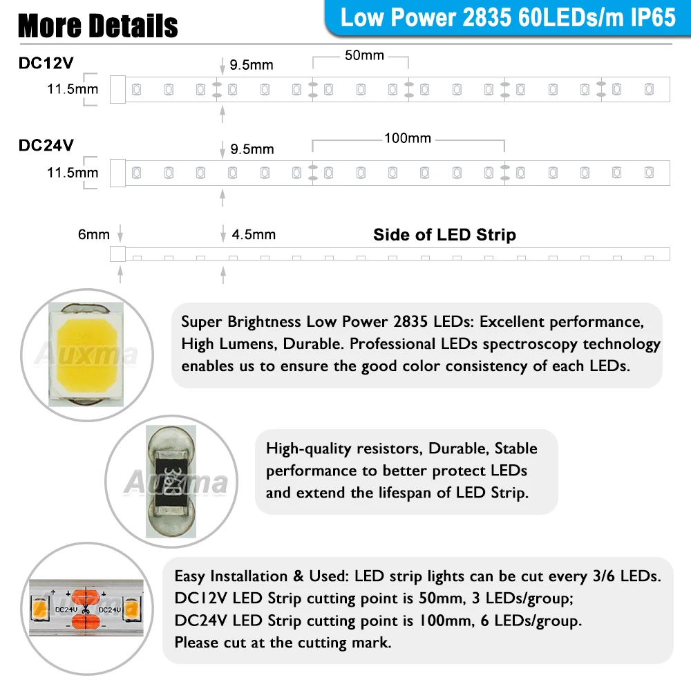 Низкая мощность 2835 60 светодиодный s/m Светодиодная лента, CRI95 CRI90 IP65, DC12V/24 V, 300 светодиодный/катушка, 5 м/катушка, водонепроницаемый рекламный светильник