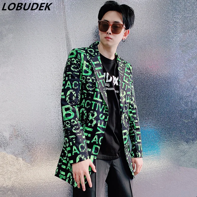 Bar Stage Male Singer Long Blazers Green Letter Pattern Suit-jackets Slim Fit Casual Coat Men's Singer Host Performance Costume