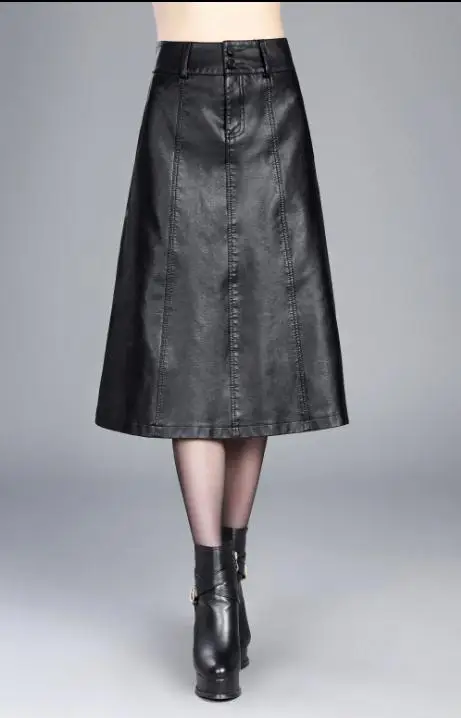 Женская кожаная юбка с завышенной талией трапециевидная черная средней длины из