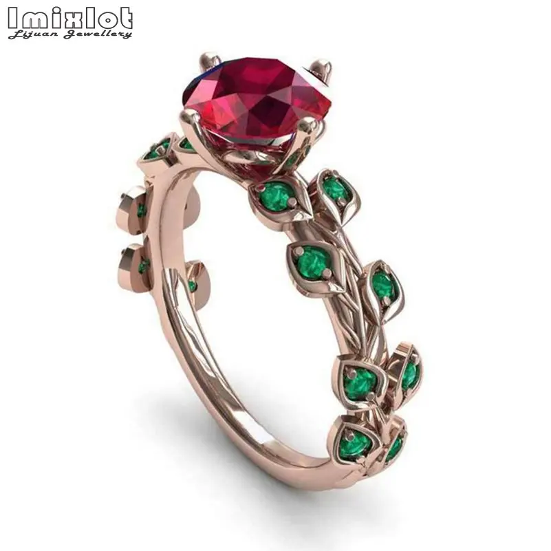 Розовое золото Цвет Красный Круглый драгоценные камни лист обручальные кольца AAA
