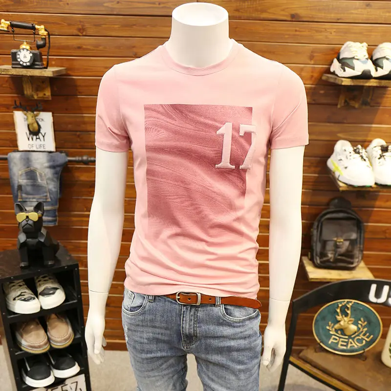 

Summer Korean men's youth slim round neck printed cotton T-shirt bottom Shirt Short Sleeve men's T-shirt