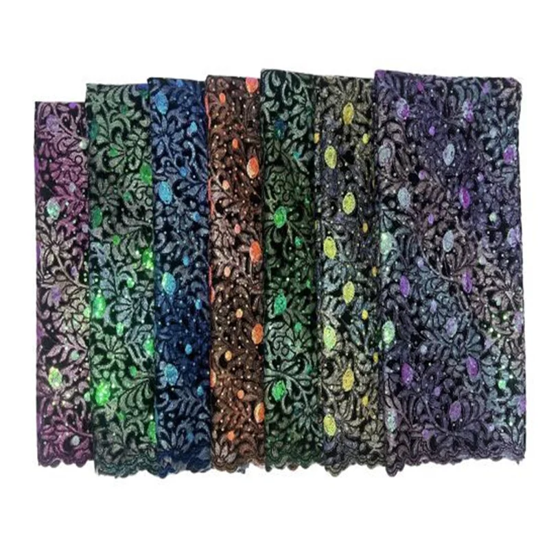 

Latest African Lace Fabric 2022 High Quality Nigerian Sequin Velvet Lace Embroidered 5Yards French Tulle Lace Fabric Party