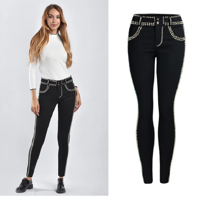 Джинсы с жемчужинами женские облегающие джинсы пуш ап черного цвета эластичная