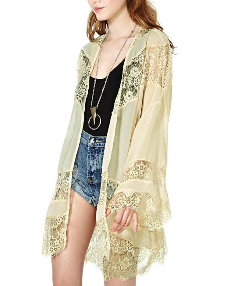 Женщины шифон кимоно кардиган цветочные кружева Boho Сыпучие верхняя одежда